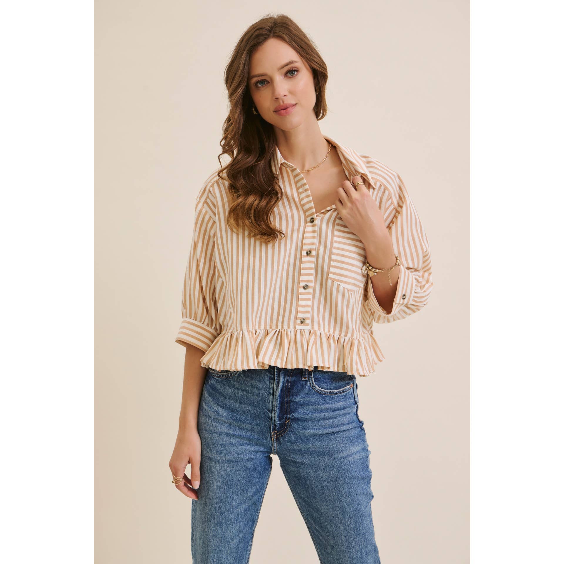 YEAR-ROUND CLASSIC COTTON STRIPE BUTTON-DOWN PEPLUM SHIRT: CLOVER GREEN / L