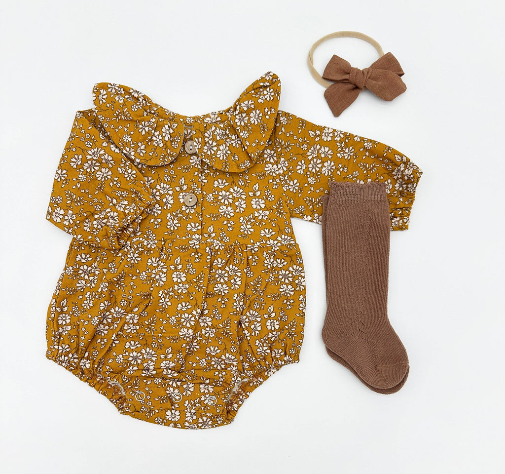 Mustard Floral Romper Set: D. 3pc Brown / 6-9 months