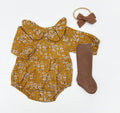 Mustard Floral Romper Set: D. 3pc Brown / 6-9 months