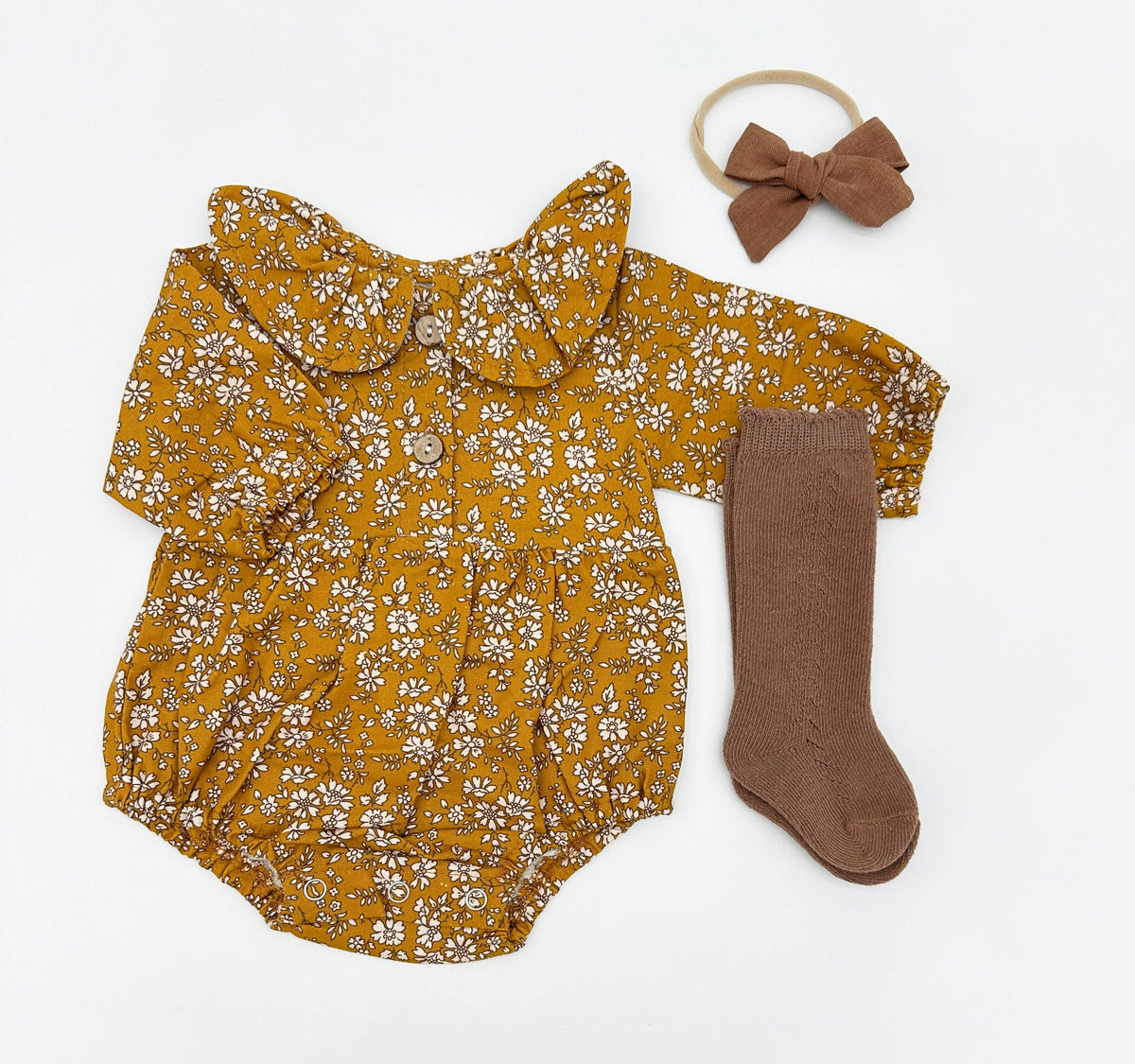 Mustard Floral Romper Set: D. 3pc Brown / 6-9 months