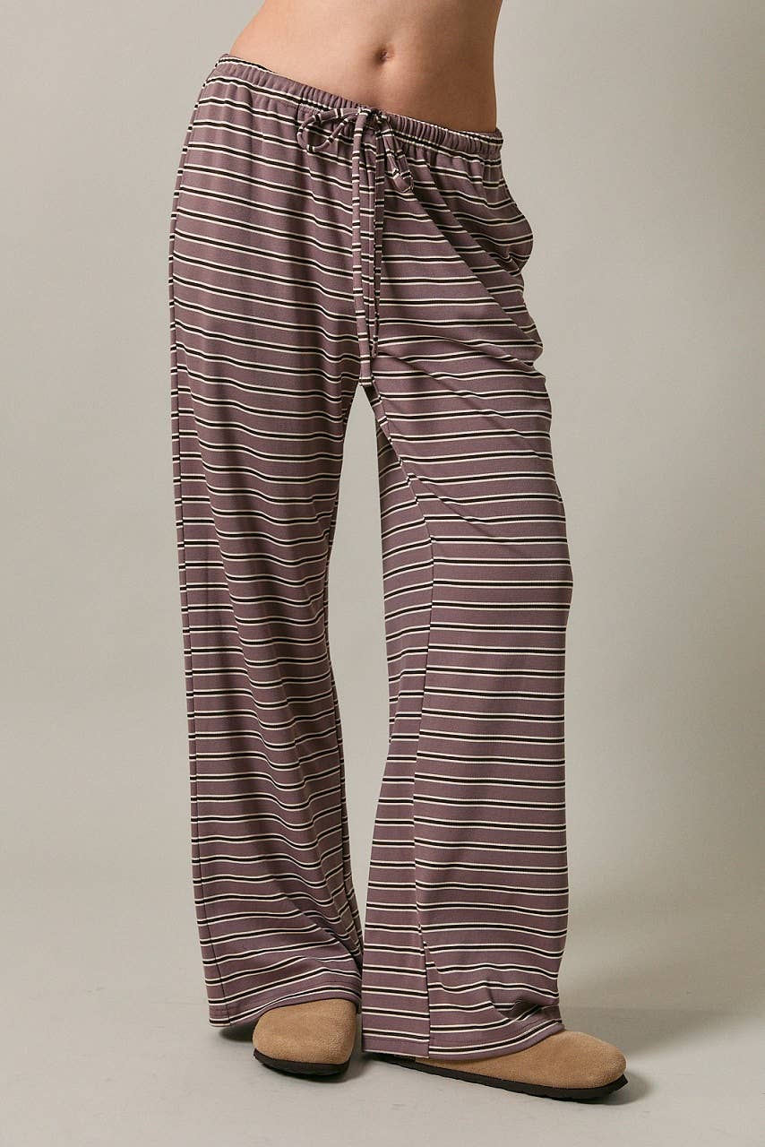 MID WAISTED WIDE LEG STRIPED PANTS: MAUVE-BROWN STRIPE / M