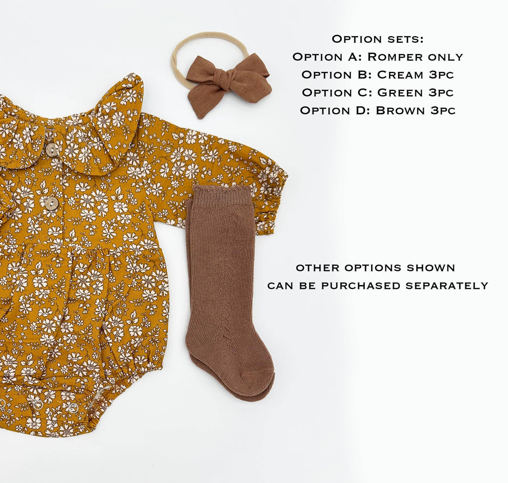 Mustard Floral Romper Set: D. 3pc Brown / 6-9 months