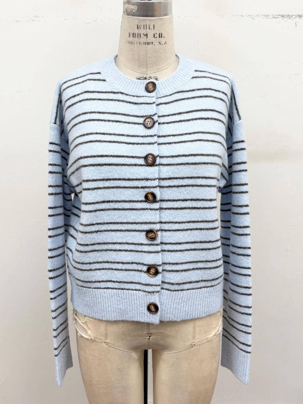 Striped Button-Front Knit Cardigan: Soft blue / S
