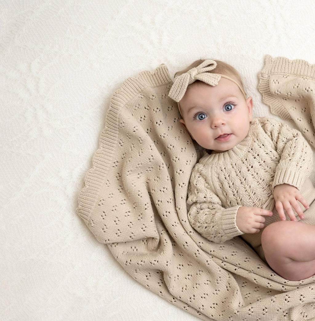 Grace Knitted Cotton Baby Blanket: Rice/cream
