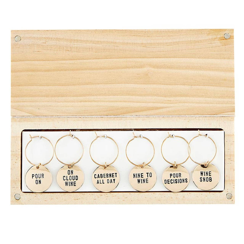 Gold Wine Charms in Pine Box - Wine Tasting Daily: Spot Clean Only / Wood, Stainless Steel, Zinc Alloy