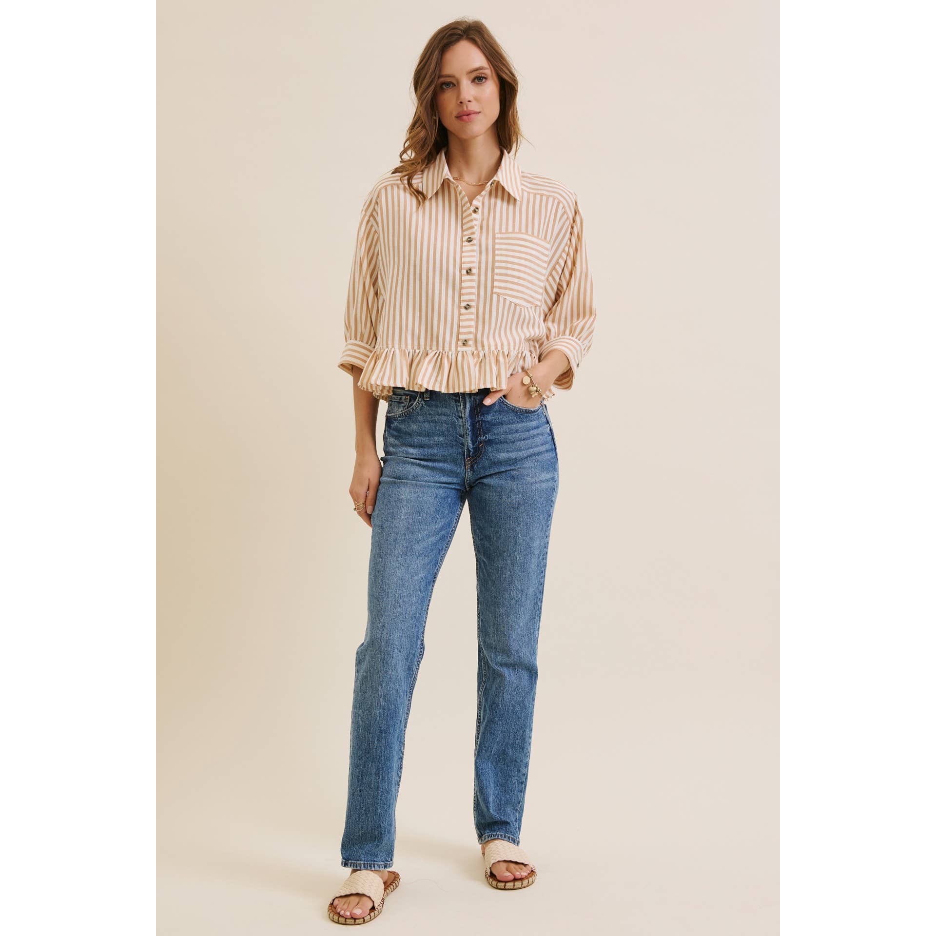 YEAR-ROUND CLASSIC COTTON STRIPE BUTTON-DOWN PEPLUM SHIRT: CLOVER GREEN / S