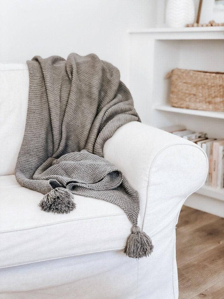 Knit Throw Blanket - Knit Throw Blanket With Tassels | Cozy: Grey