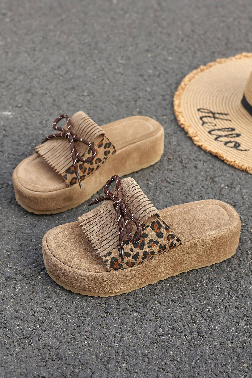 Leopard Faux Suede Slashed Lace-up Detail Platform Slippers: Coffee / 6(37)