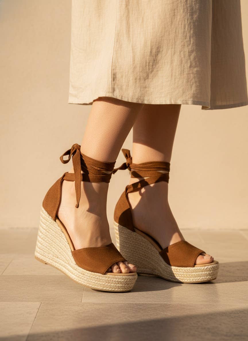 CHELLA-42 Summer Tie-Up Espadrille Wedges: BLACK / A12