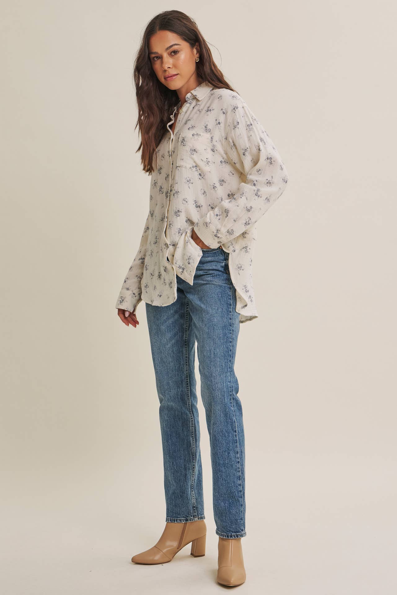 SOFT BREEZE FLORAL COTTON GAUZE RELAXED FIT SHIRT