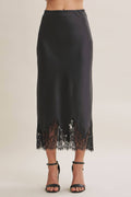 UNEXPECTED ELEGANT FRENCH LACE SATIN MIDI SKIRT: BLACK / L
