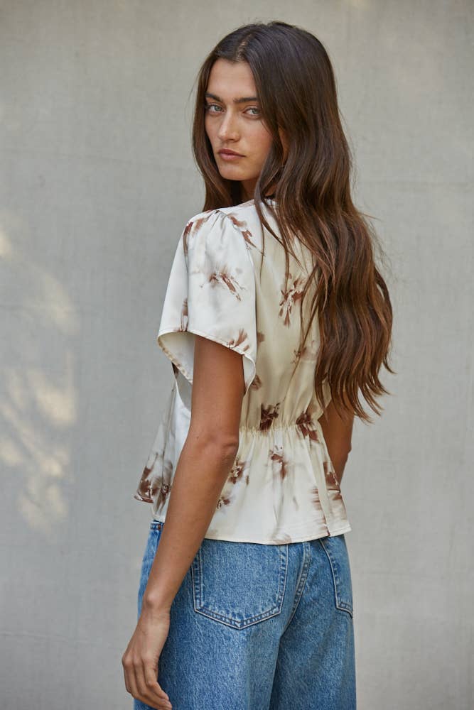 Woven Satin Polyester Floral Print Top