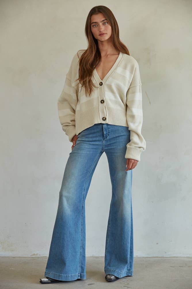 W1537 | Knit Sweater Striped Button Down Cardigan: Cream Navy / L
