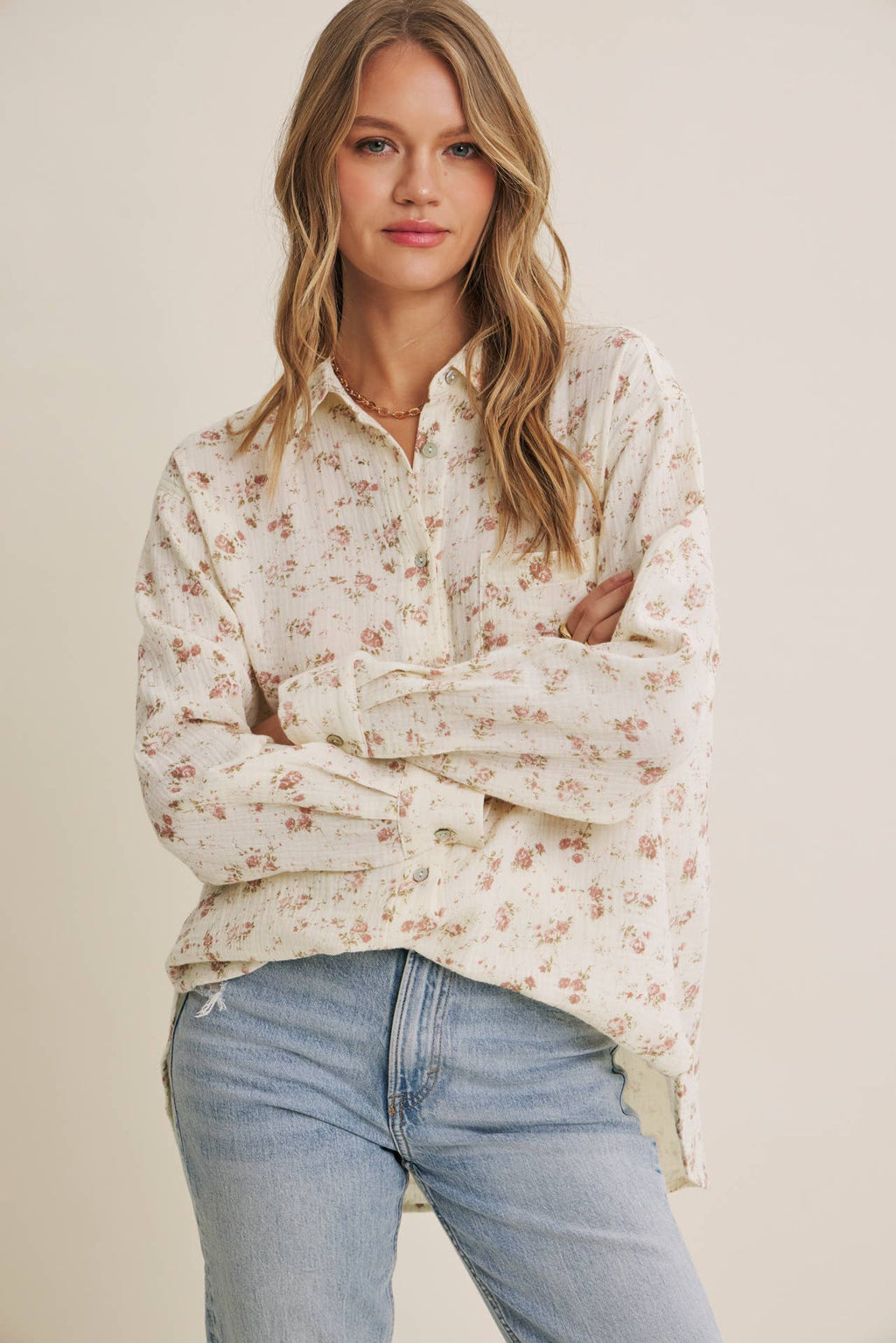 SOFT BREEZE FLORAL COTTON GAUZE RELAXED FIT SHIRT