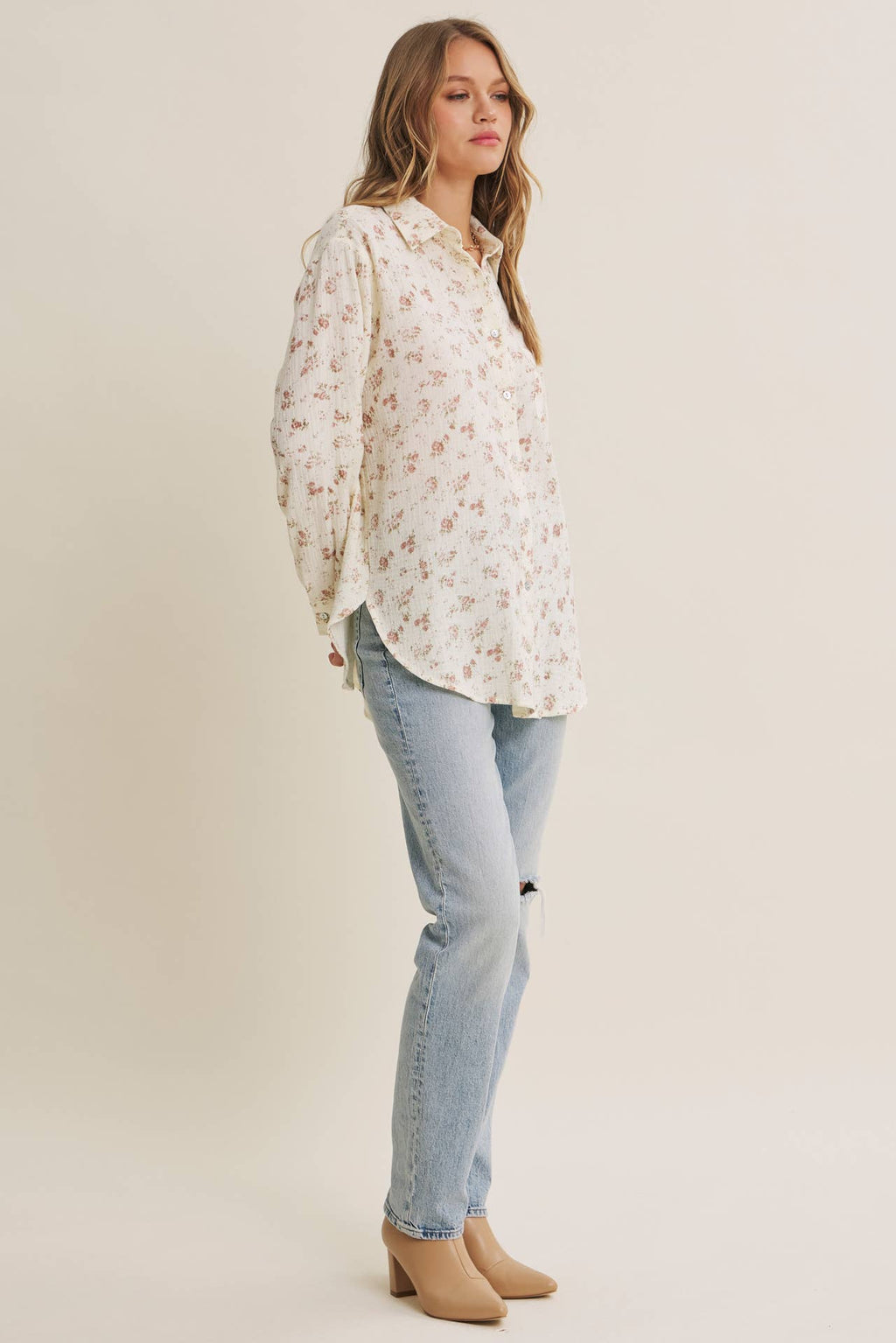 SOFT BREEZE FLORAL COTTON GAUZE RELAXED FIT SHIRT