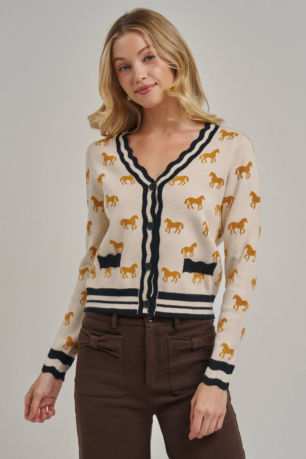 SUPER SOFT HORSE PRINT KNIT CARDIGAN_JLT00386-01: OATMEAL COMBO / S-M-L(2-2-2)