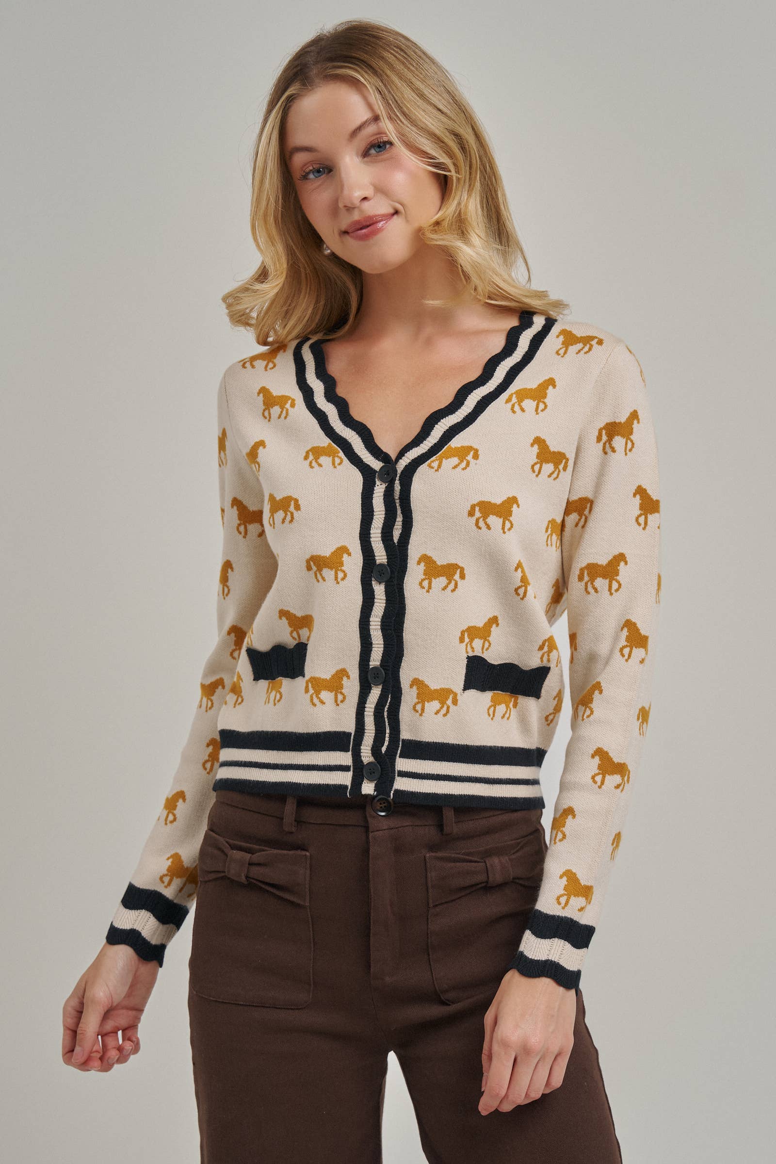 SUPER SOFT HORSE PRINT KNIT CARDIGAN_JLT00386-01: OATMEAL COMBO / S-M-L(2-2-2)
