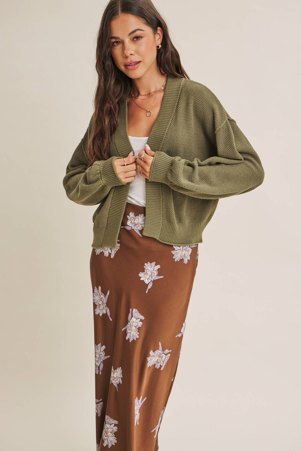 EVERYDAY ESEENTIAL EASY LAYERING BALLOON SLV WAFFLE CARDIGAN: OLIVE / S