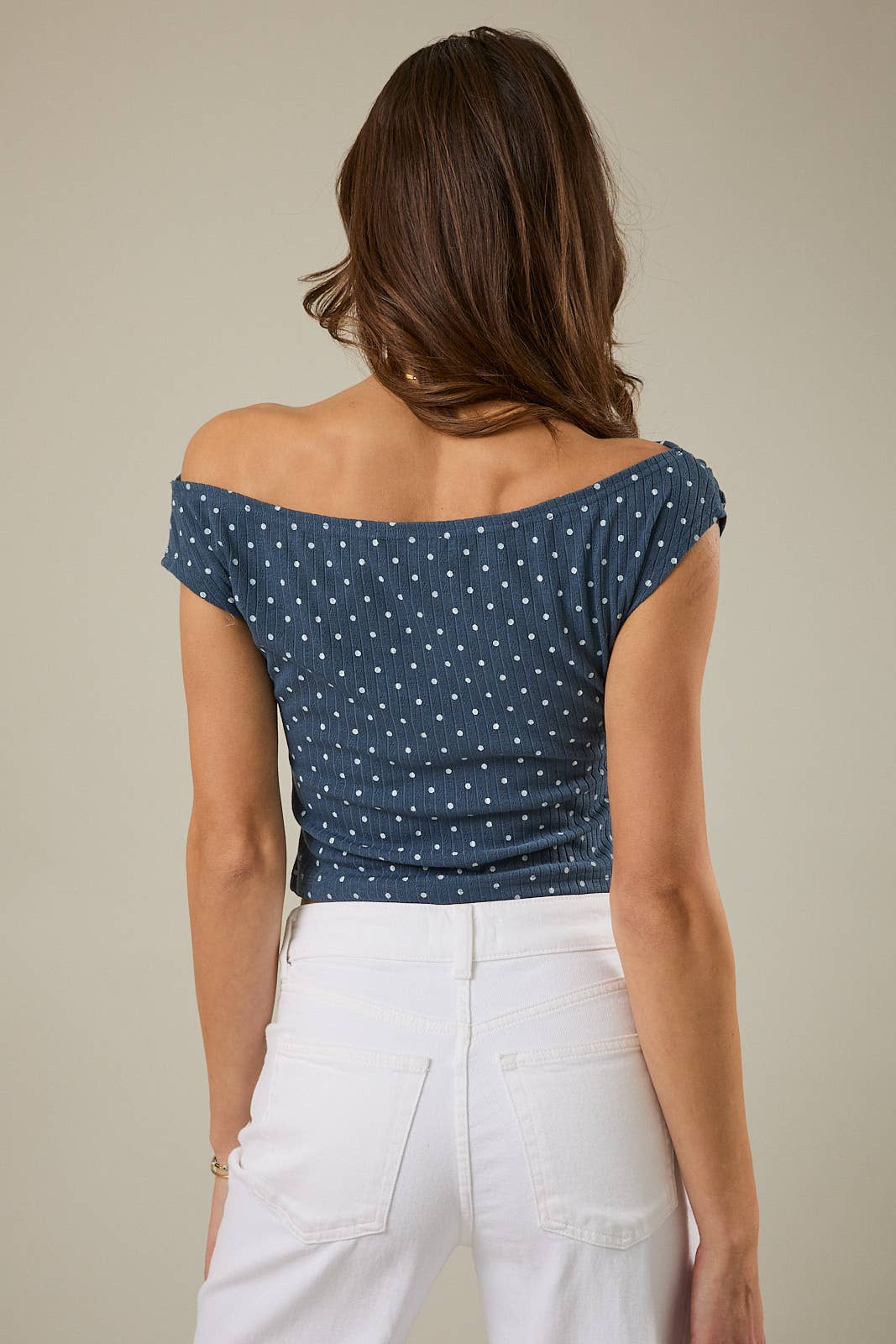 SLOUCHY SHOULDER SLEEVELESS POLKA DOT RIB TOP: INDIGO-WHITE DOT / M