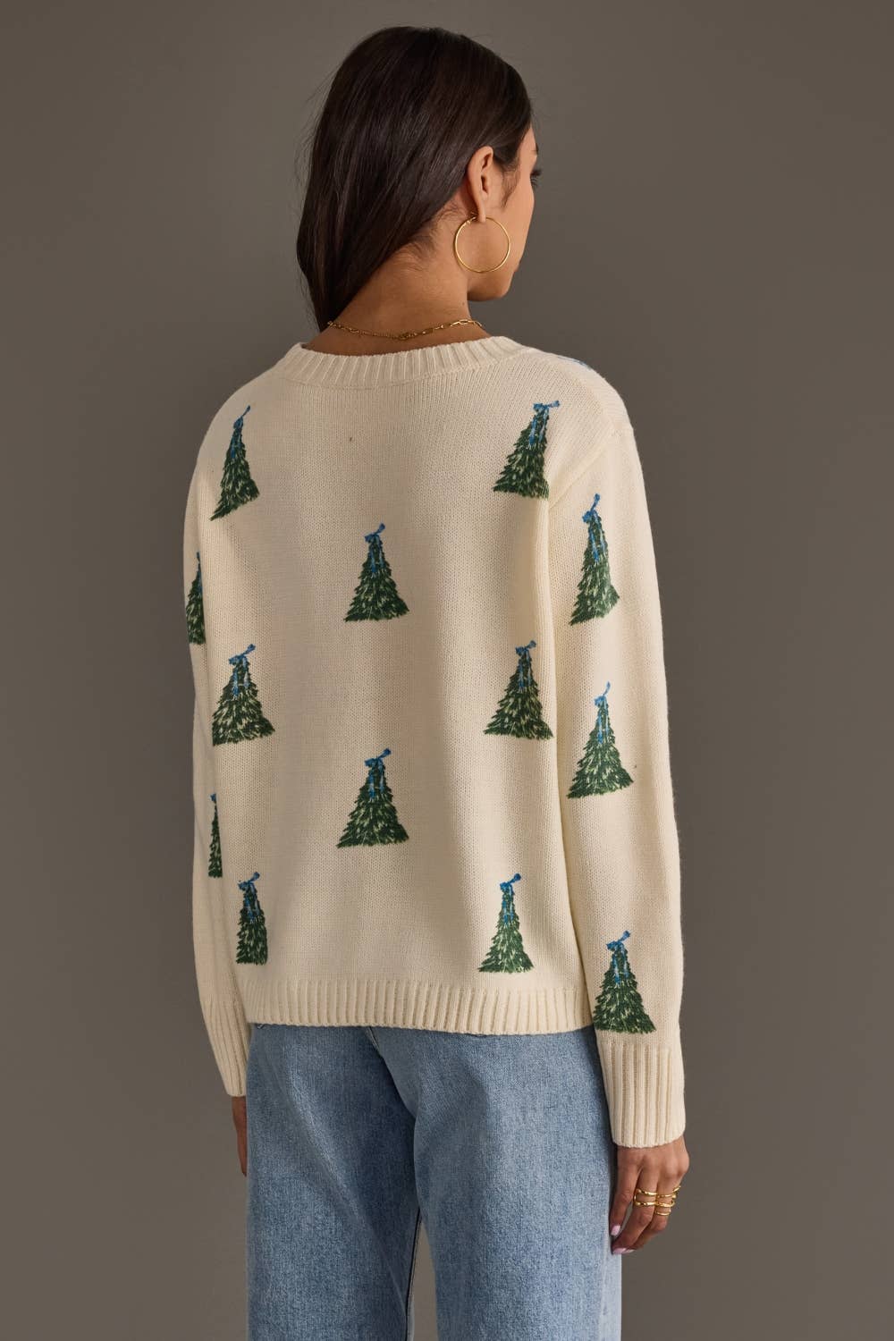 Ivory Tree Sweater with Blue Bows