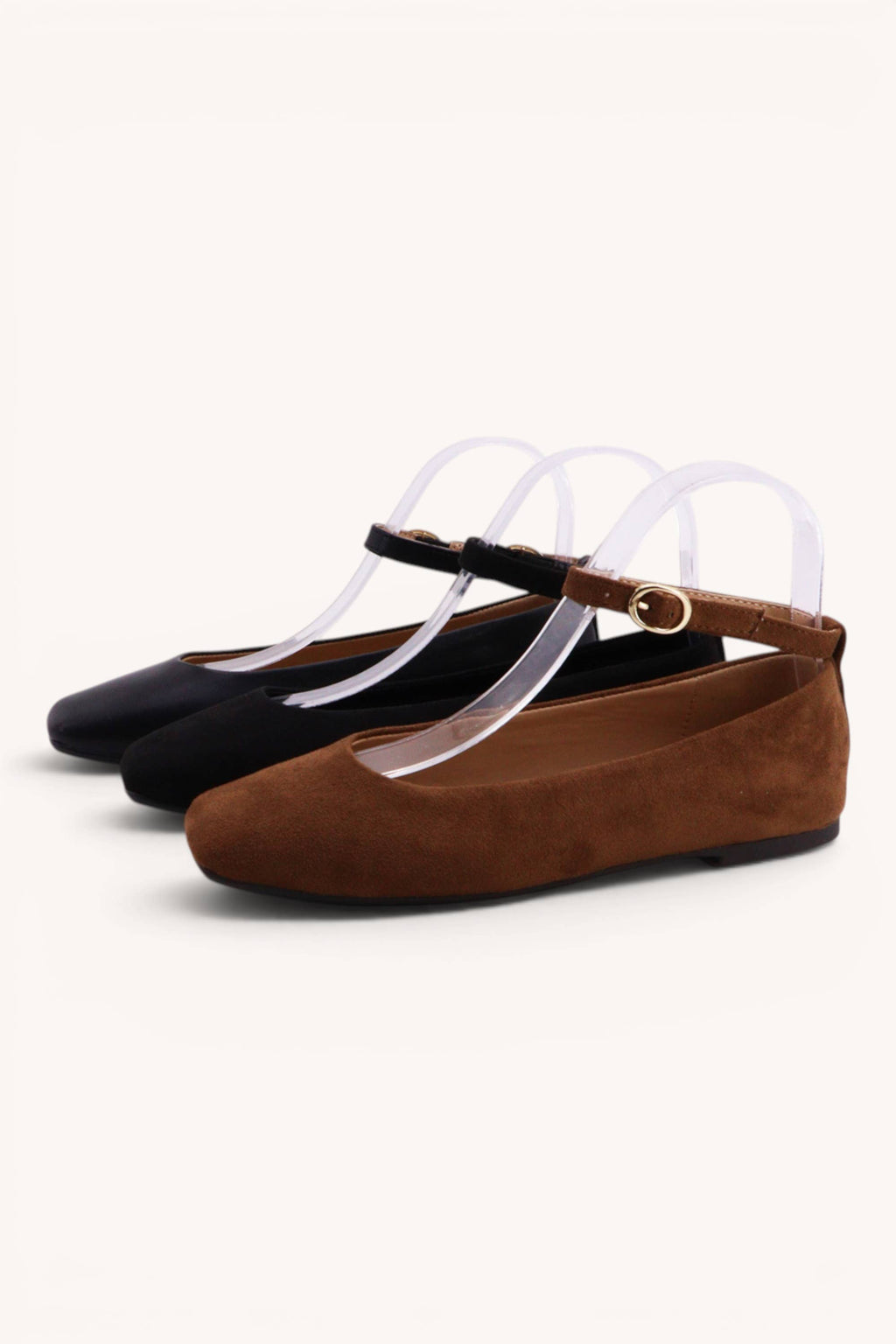 GLOBAL-25X Ankle Strap Ballet Flats with Square Toe: TOBACCO SU / A12