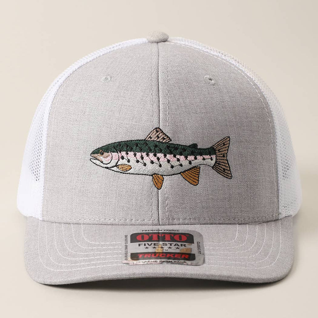 Rainbow Trout Fish Embroidered Mesh Back Trucker Hat: Coy.Brn/Coy.Brn/Lt.Khk / ONE SIZE