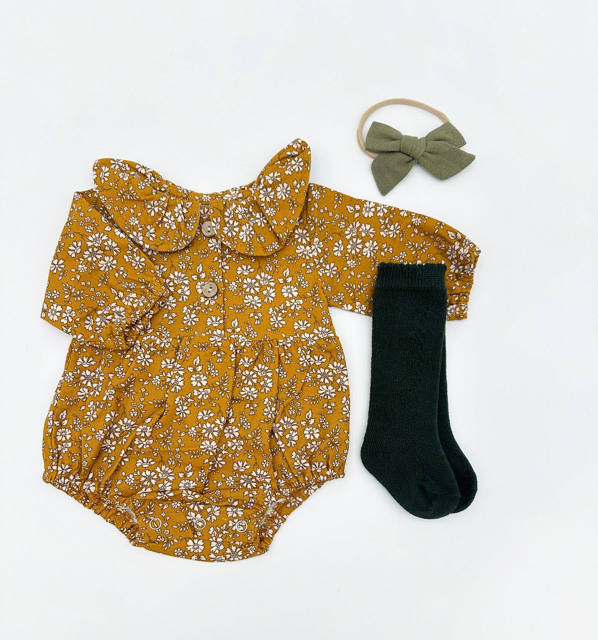 Mustard Floral Romper Set: B. 3pc Cream / 6-9 months