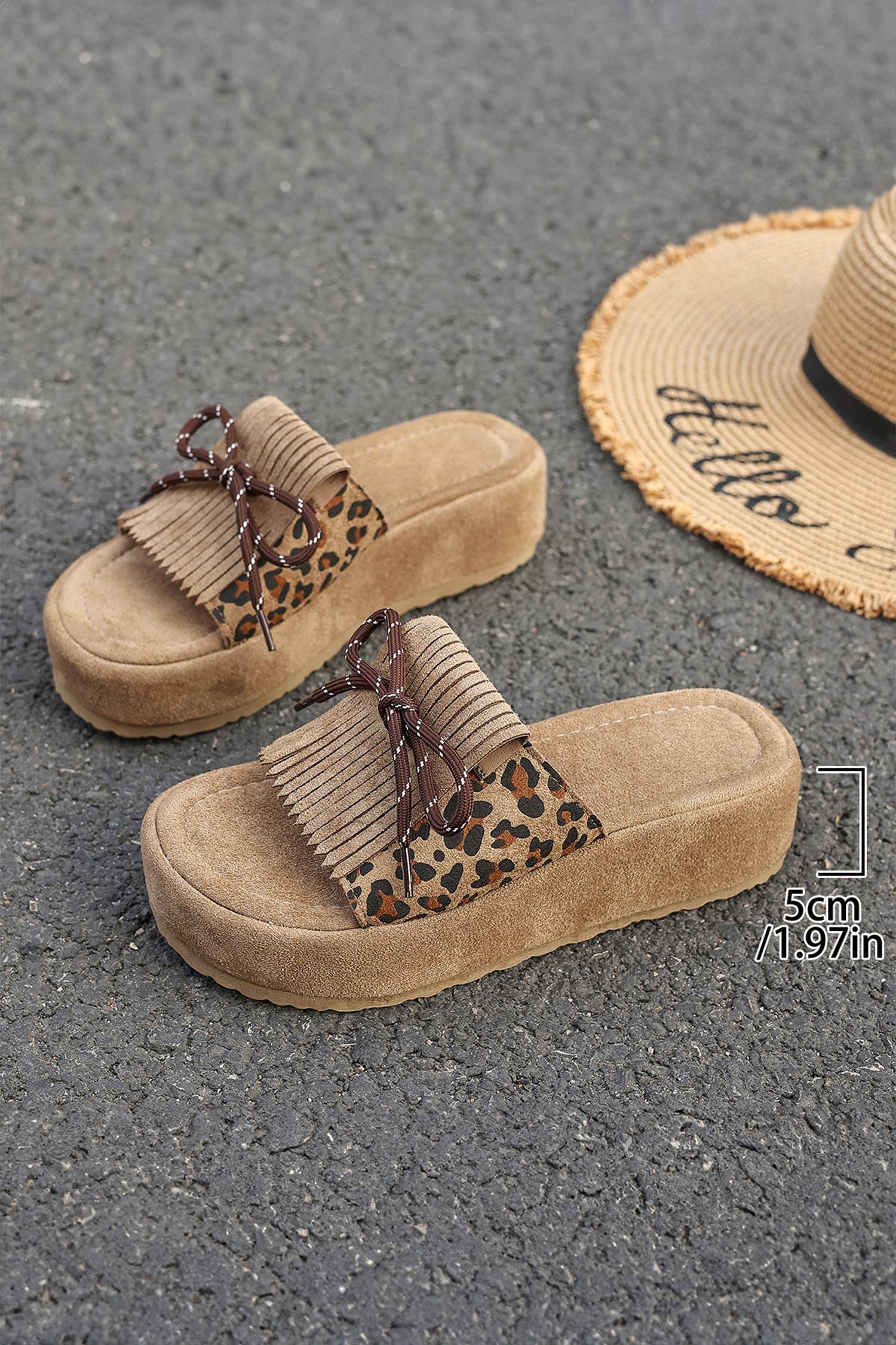 Leopard Faux Suede Slashed Lace-up Detail Platform Slippers: Coffee / 6(37)