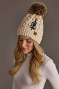 Beige Cable Knit Pom Hat w/ Embroidered Tree