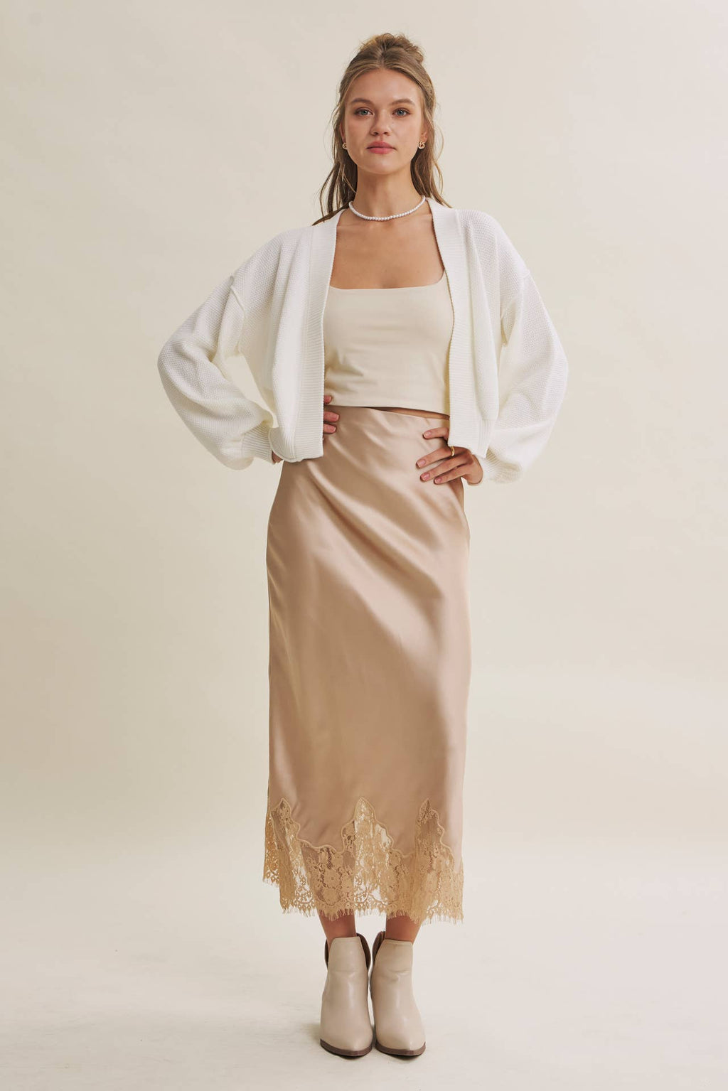 UNEXPECTED ELEGANT FRENCH LACE SATIN MIDI SKIRT: BLACK / S