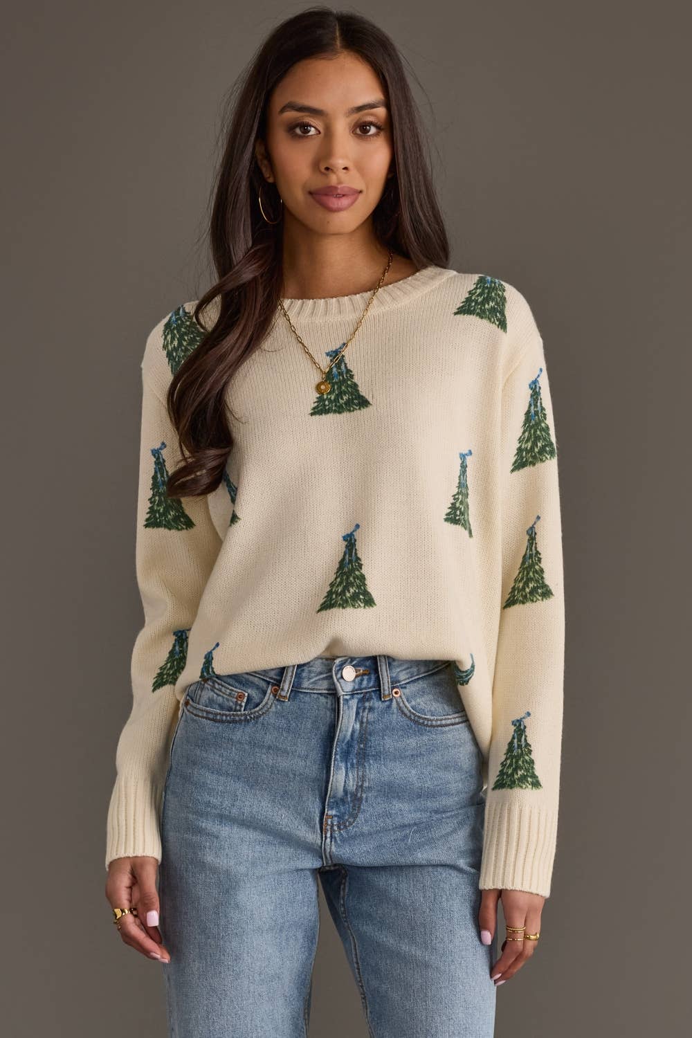 Ivory Tree Sweater with Blue Bows