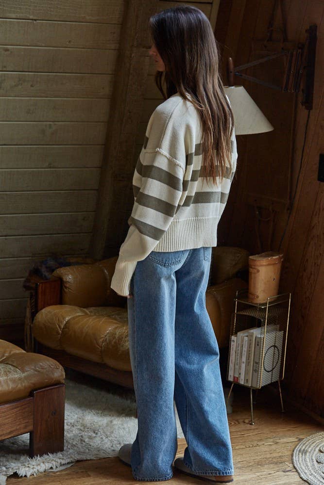 W1537 | Knit Sweater Striped Button Down Cardigan: Cream Olive / S