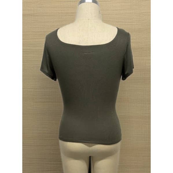 PLUS SIZE RIB SQUARE NECK SHORT SLEEVE KNIT TOP: Olive / 3X