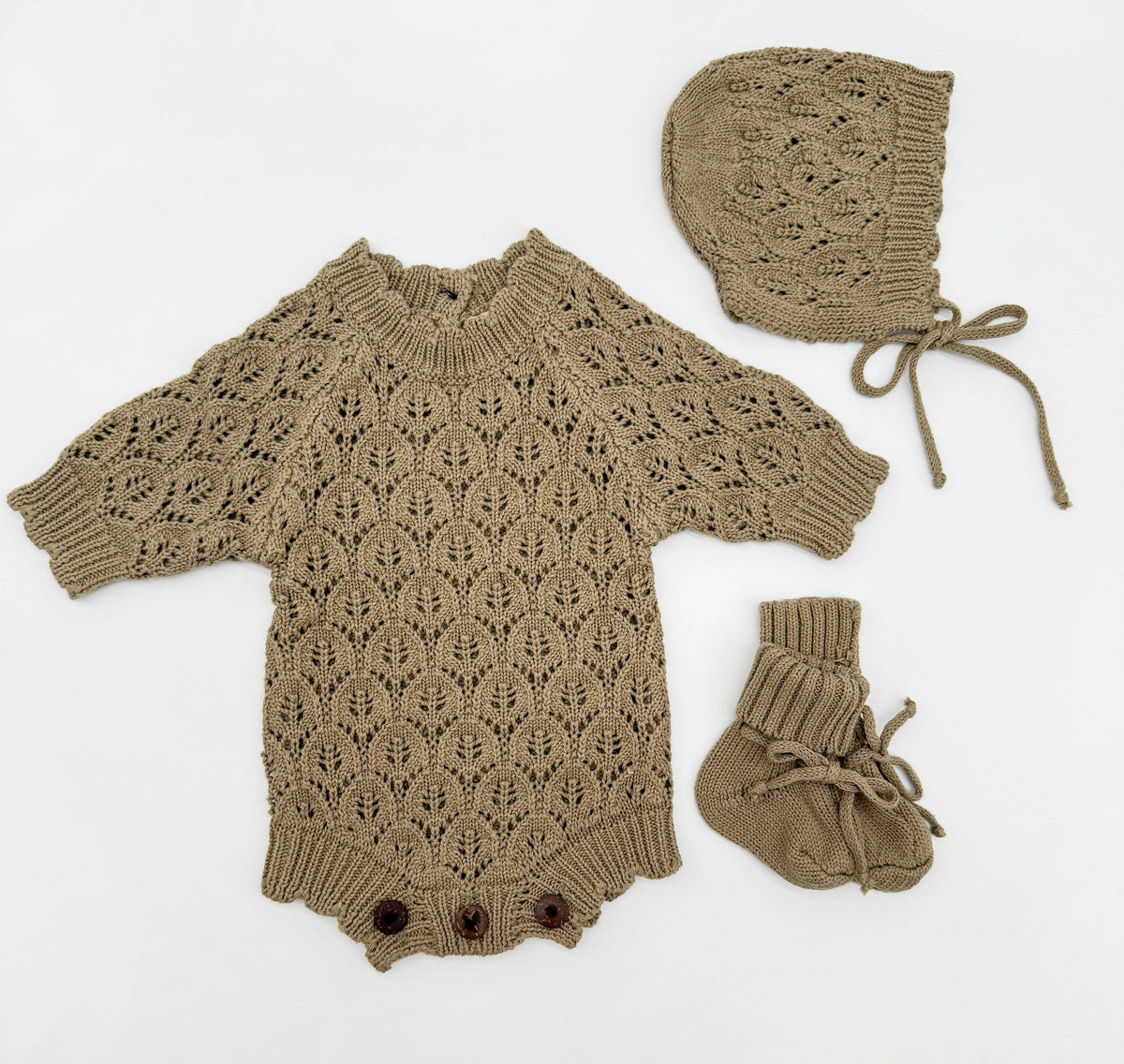 Willow Lacy Romper: Romper + Booties + Bonnet / PREEMIE