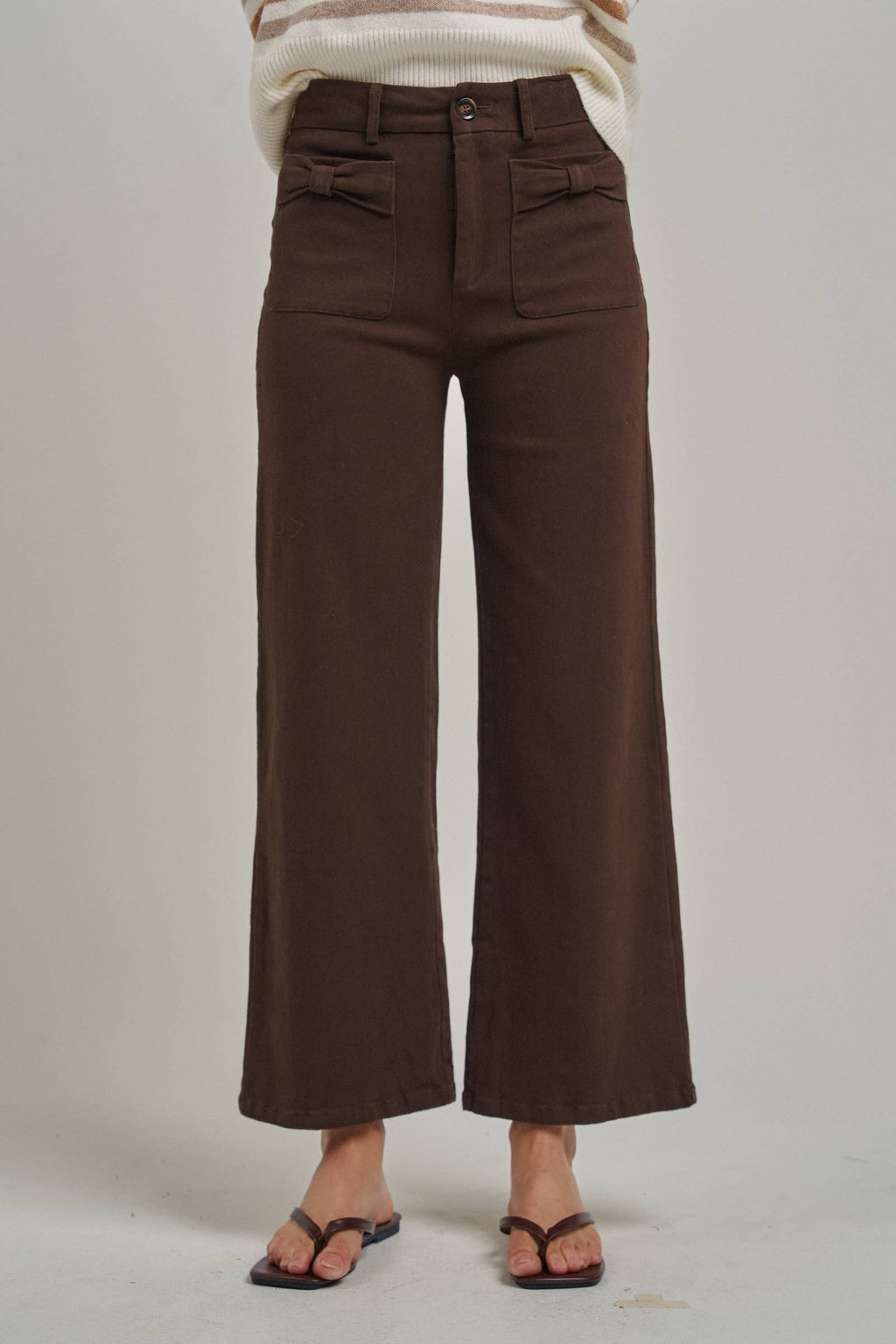 WIDE LEG STRETCH PANTS WITH BOW FRONT POCKETS