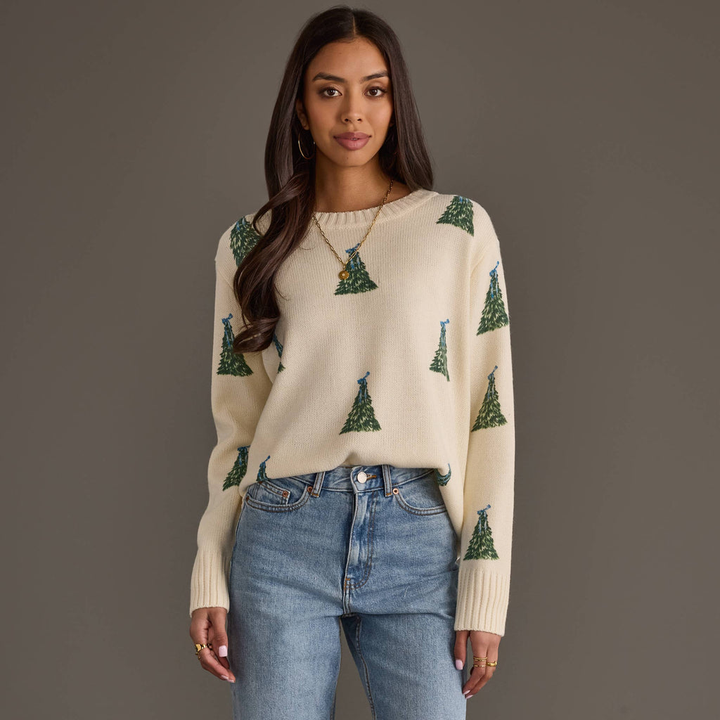 Ivory Tree Sweater with Blue Bows