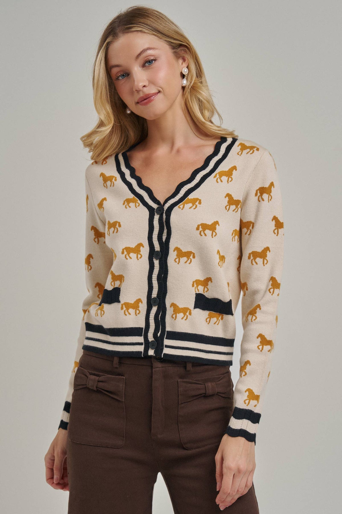 SUPER SOFT HORSE PRINT KNIT CARDIGAN_JLT00386-01: OATMEAL COMBO / S-M-L(2-2-2)