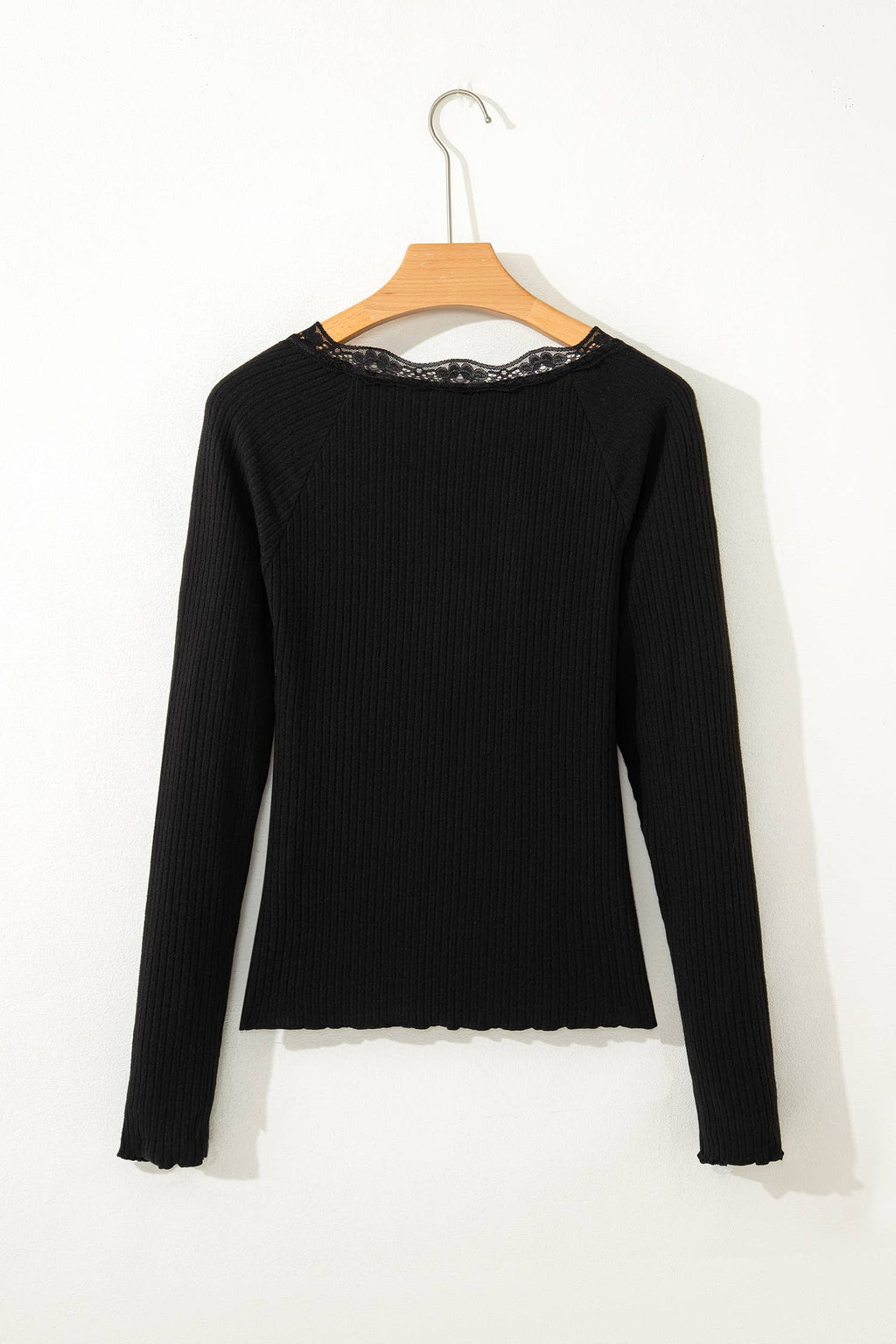 Lace Neckline Button Decor Lettuce Edge Long Sleeve Top: Beige / M