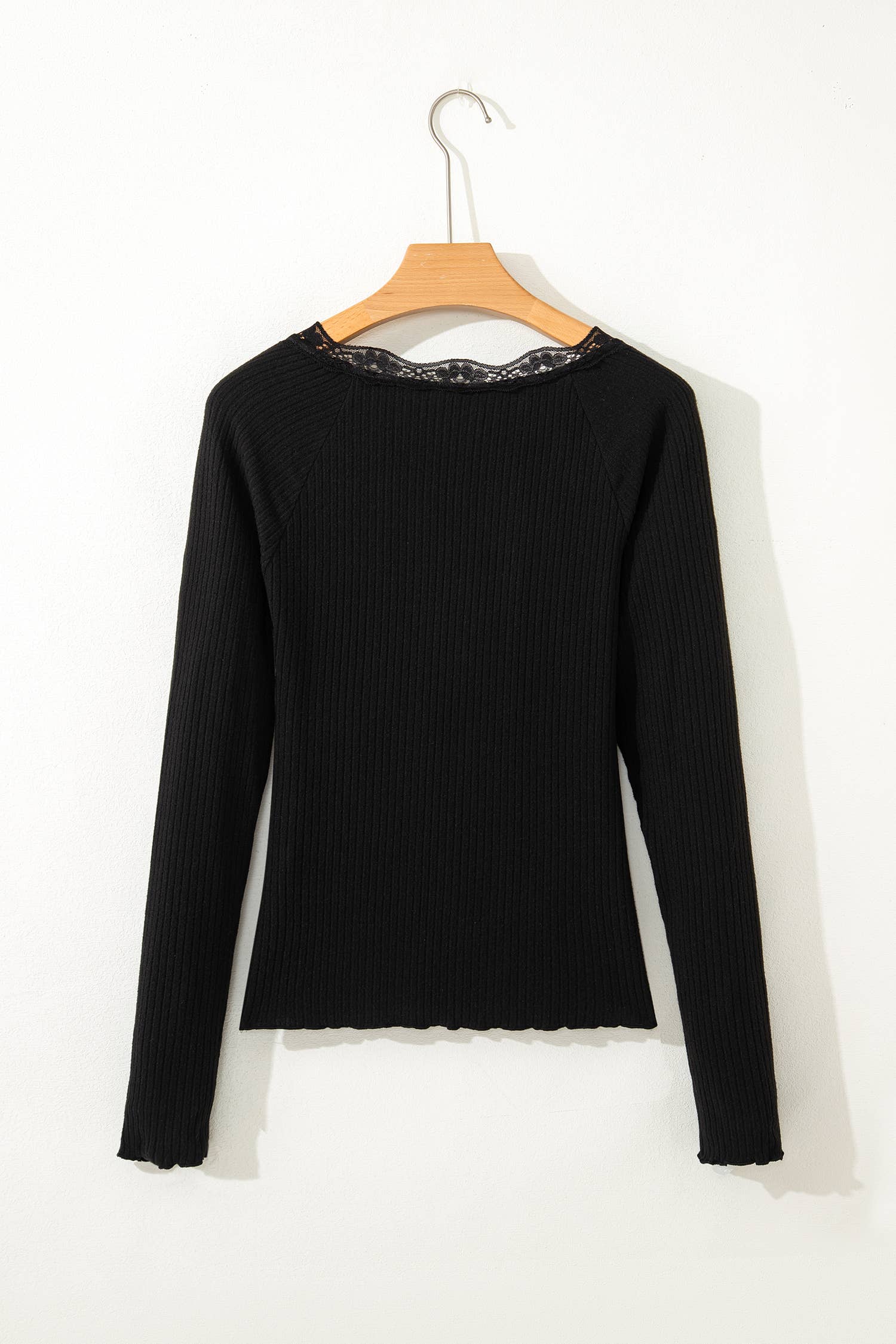 Lace Neckline Button Decor Lettuce Edge Long Sleeve Top: Beige / L
