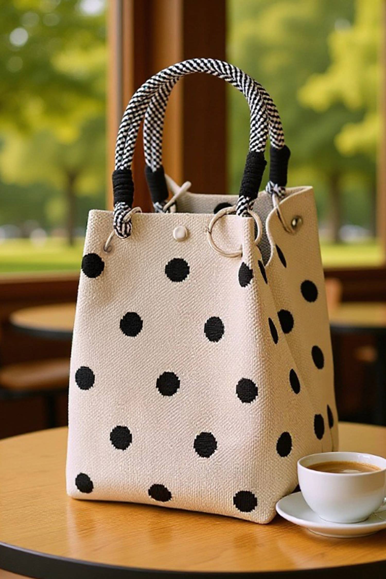 Polka Dot Canvas Tote Bag with Wrapped Handles