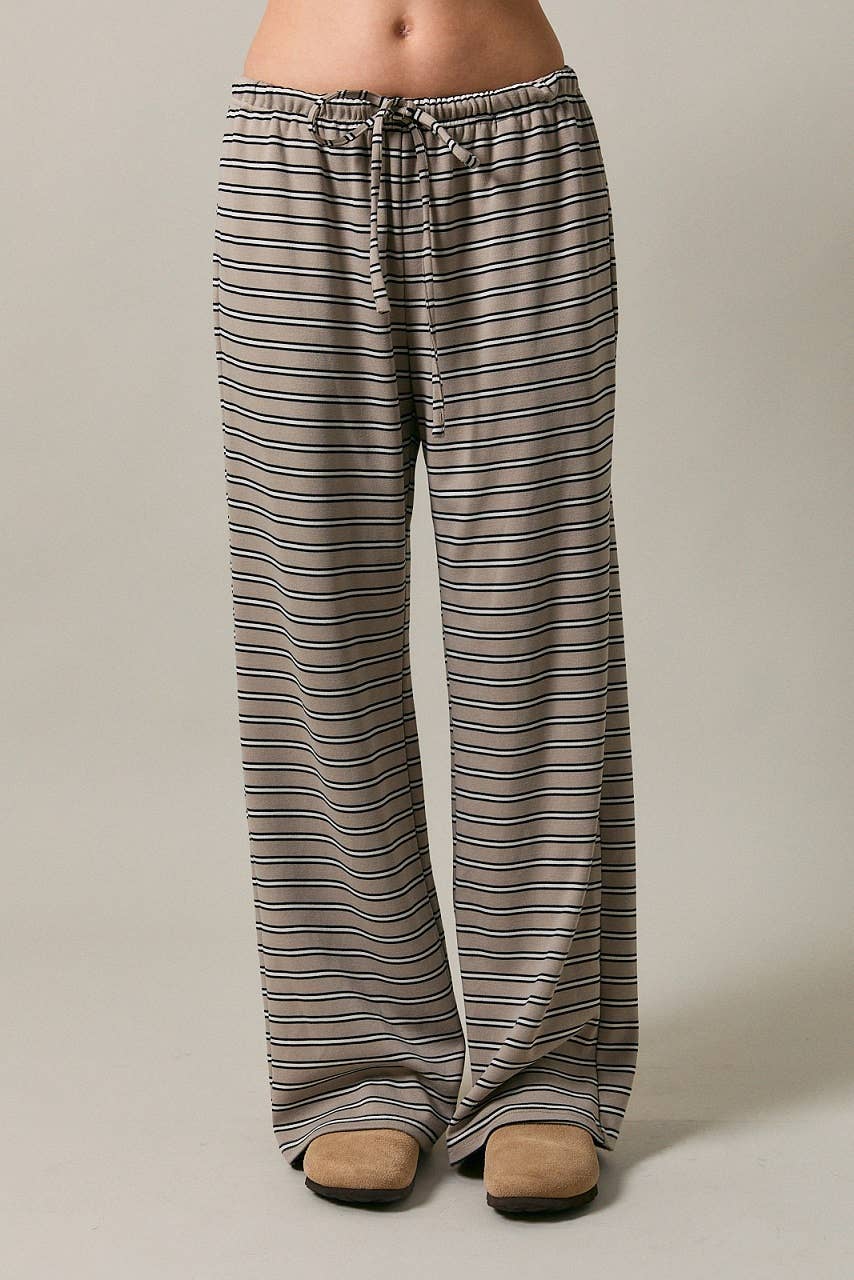 MID WAISTED WIDE LEG STRIPED PANTS: MAUVE-BROWN STRIPE / M