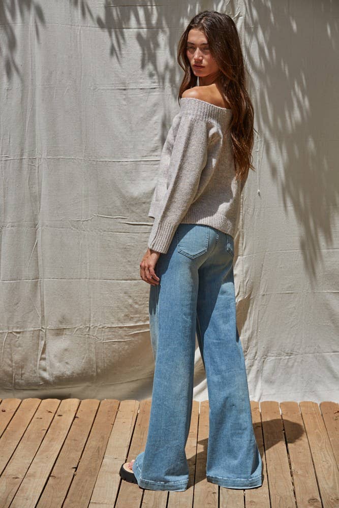 W2248 | Knit Sweater Off The Shoulder Pullover : Heather Light Mocha / M