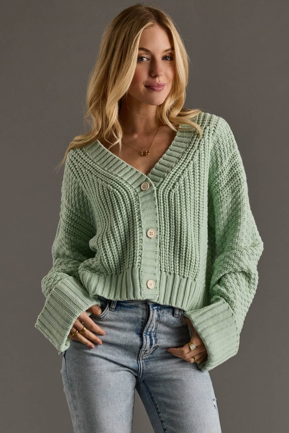 Mint Knit Cropped Button Up Cardigan