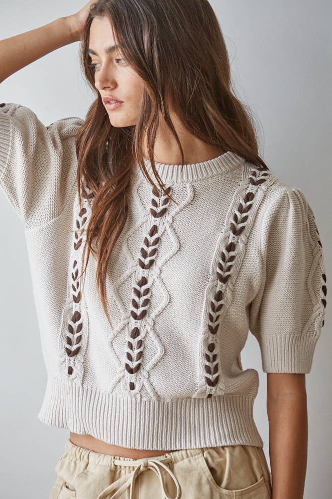 Knit Sweater Contrast Stitch Quarter Sleeve Pullover