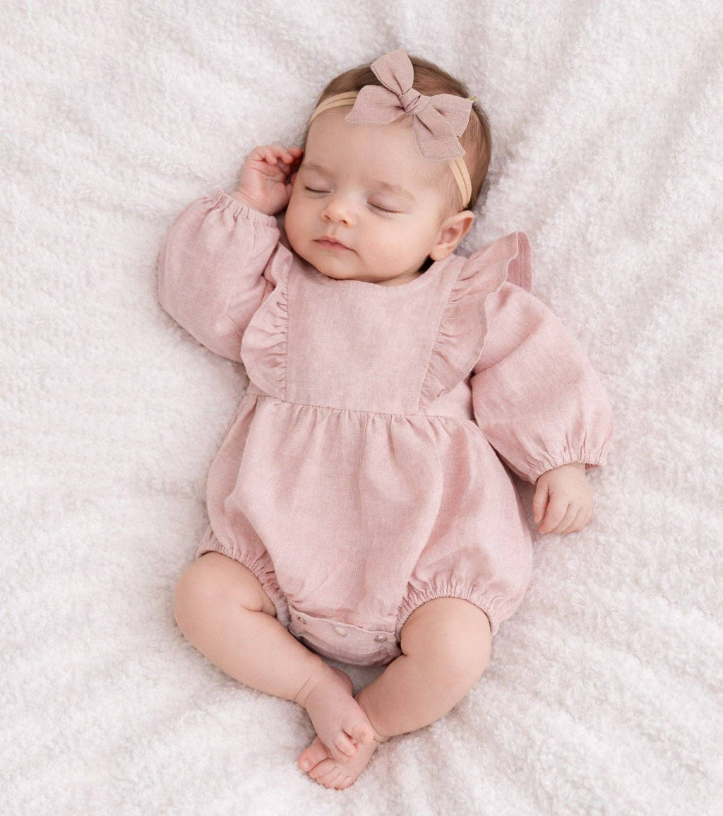 Gabriella Longsleeve Romper with Bow: Olive-moss / 3-6 months