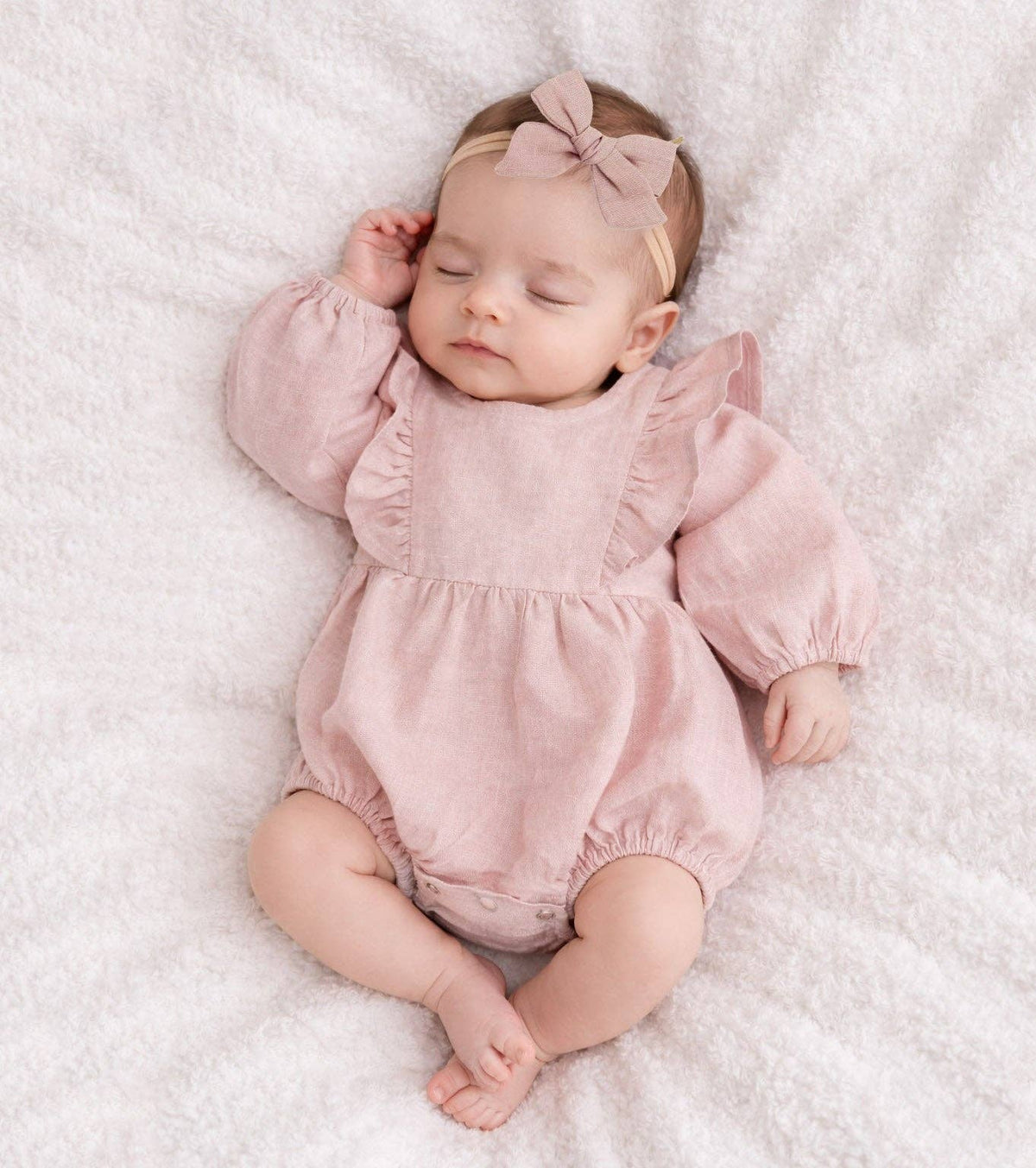 Gabriella Longsleeve Romper with Bow: Olive-moss / 0-3 months