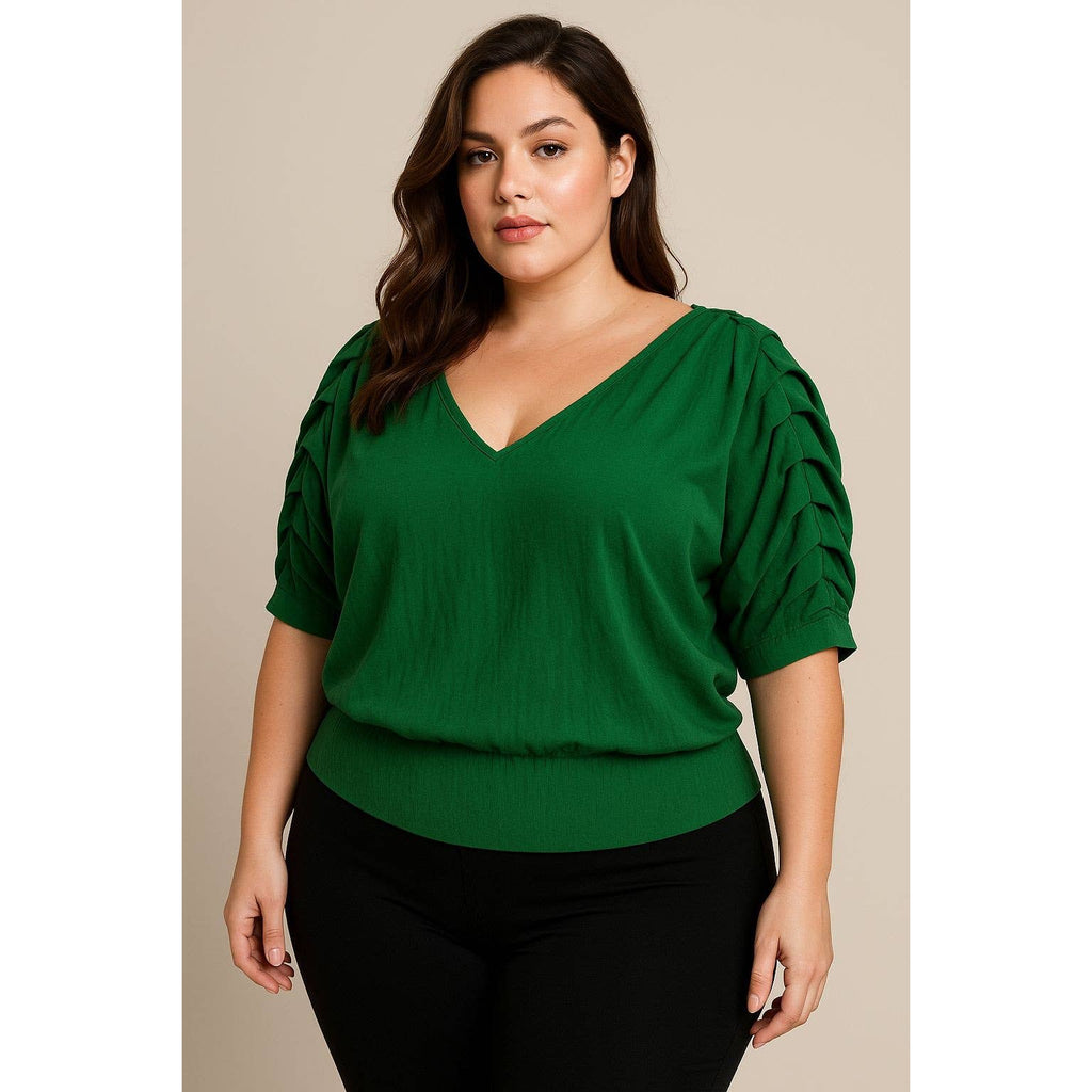 PLUS SIZE V NECK PLEATED SLEEVE DETAIL BLOUSE: Black / 1X