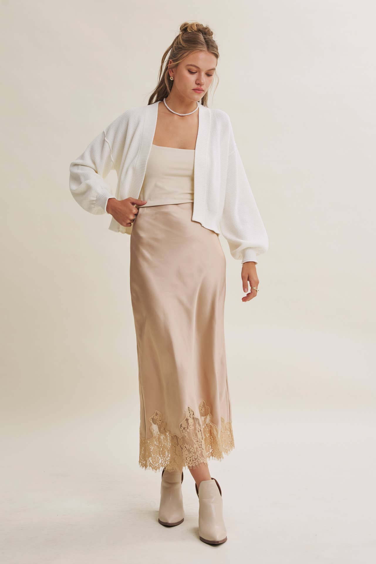 UNEXPECTED ELEGANT FRENCH LACE SATIN MIDI SKIRT: BLACK / L