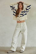 W1537 | Knit Sweater Striped Button Down Cardigan: Cream Navy / M