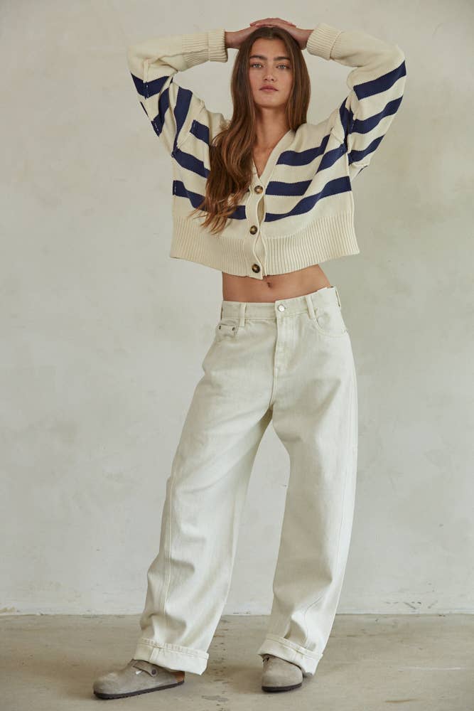 W1537 | Knit Sweater Striped Button Down Cardigan: Cream Navy / L